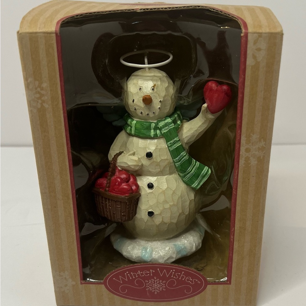 Vintage  WINTER WISHES, BUNDLES OF LOVE Snowman 6”  In Box Basket Hearts Halo